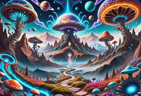 another world extraterrestrial landscape, surreal mountains, with giant alien flower animals, live shrooms, fantasy dream, starry sky with large planets, transparent plasma tubes, detailed hyperrealism, 35mm photography, edgy street art, dynamic angle, flowing colors, fractal art, intricate
