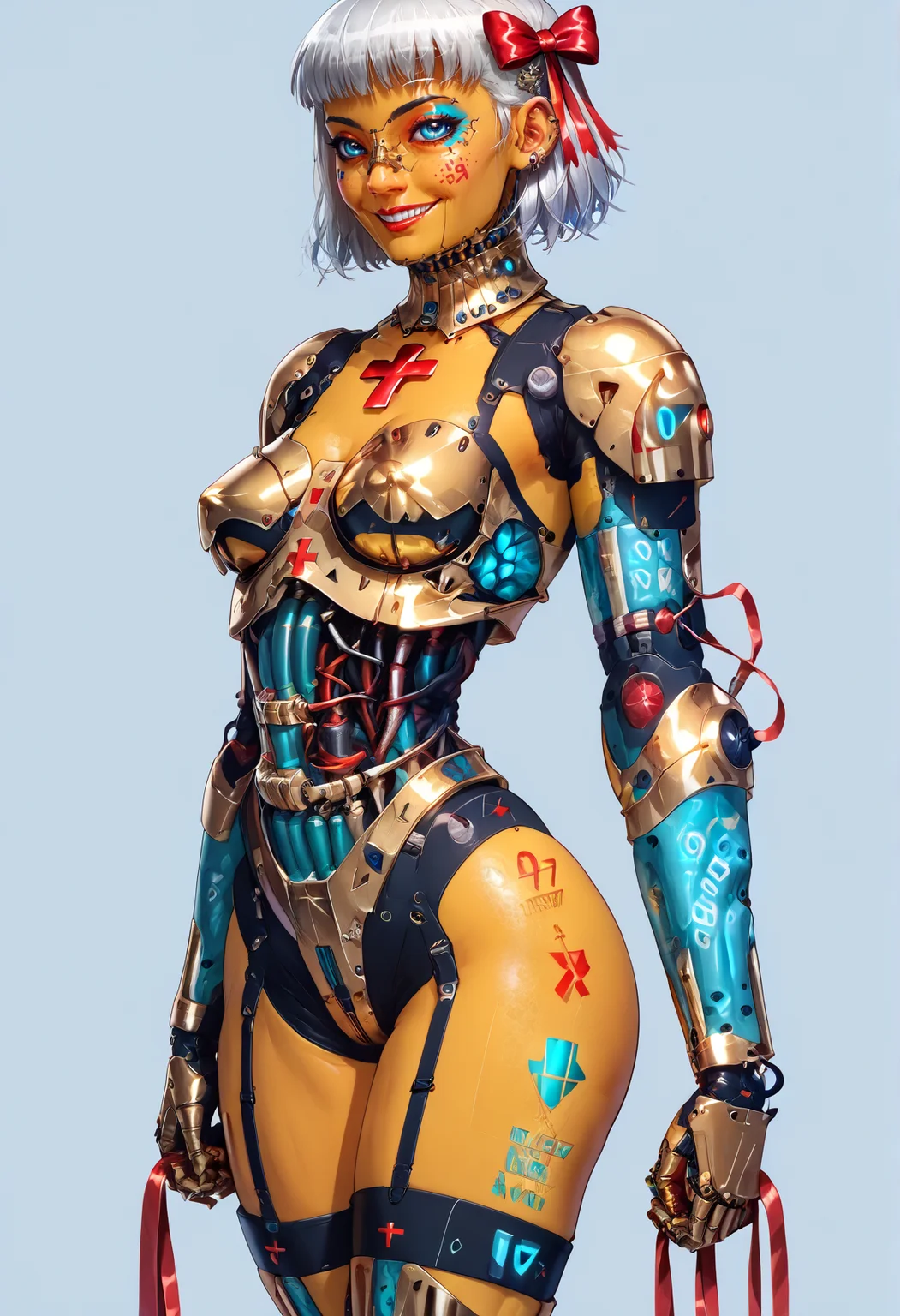score_9,score_8_up,score_7_up,score_6_up,score_5_up,score_4_up,1 girl,solo,female focus,looking at the spectator,(5'5" 115 lbs, 34C, athletic build, toned legs, small waist, perky breasts, drop-shaped breasts, symmetrical breasts, bright smile, piercing blue eyes, Garcon Blond hair color, petite nose, golden skin:1.3),(Nanotech armor in rose gold latex, red cross accents, hugs nipples, gold carbon-titanium skeleton, nanotech robo arms, high-heeled legs, silver details, velvet ribbons, sapphire inserts, ultra realistic textures, radiant finish, bright colors, delicate patterns.:1.3),(plain contrasting background:1.3),(full-length:1.5),hands,Perfect hand,Perfect feet,Perfect eyes,cyb0rg,science fiction,cable,mechanical parts,<lora:feet v3:1>,<lora:hand 4:1>,<lora:PerfectEyesXL:1>,zPDXL2,zPDXLpg,<lora:cyb0rgXLP:0.8>,<lora:add-detail-xl:1>,<lora:DP-Pony:1>,p33rs,<lora:incase_style_v3-1_ponyxl_ilff:0.2>,