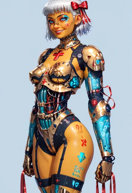 score_9,score_8_up,score_7_up,score_6_up,score_5_up,score_4_up,1 girl,solo,female focus,looking at the spectator,(5'5" 115 lbs, 34C, athletic build, toned legs, small waist, perky breasts, drop-shaped breasts, symmetrical breasts, bright smile, piercing blue eyes, Garcon Blond hair color, petite nose, golden skin:1.3),(Nanotech armor in rose gold latex, red cross accents, hugs nipples, gold carbon-titanium skeleton, nanotech robo arms, high-heeled legs, silver details, velvet ribbons, sapphire inserts, ultra realistic textures, radiant finish, bright colors, delicate patterns.:1.3),(plain contrasting background:1.3),(full-length:1.5),hands,Perfect hand,Perfect feet,Perfect eyes,cyb0rg,science fiction,cable,mechanical parts,<lora:feet v3:1>,<lora:hand 4:1>,<lora:PerfectEyesXL:1>,zPDXL2,zPDXLpg,<lora:cyb0rgXLP:0.8>,<lora:add-detail-xl:1>,<lora:DP-Pony:1>,p33rs,<lora:incase_style_v3-1_ponyxl_ilff:0.2>,