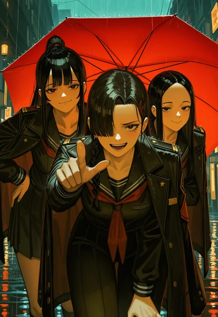 cowboy shot, [3girls], delinquent, uniform, jacket on shoulders, red umbrella,
outdoors, rain, [[photo_background]],
squatting, standing, leaning forward, smug, annoyed, yandere,
light hair, dark hair, black hair, ponytail, straight hair, forehead, hair over one eye,
hand on own hip, contrapposto, pointing at viewer,
full_composition, [narue, guweiz, kornod], (realistic),
masterpiece, absurdres, newest, [dynamic pose]