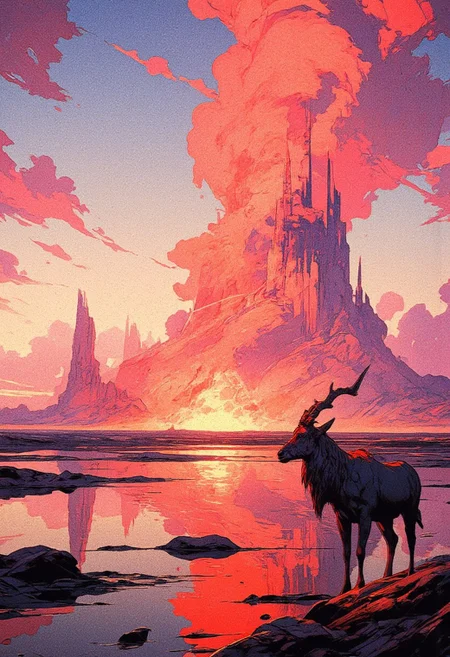 A surreal and cinematic landscape depicting a vast, reflective desert under a dramatic sky, illuminated by the warm hues of a setting sun. In the distance, a colossal volcanic eruption sends a towering plume of smoke and ash into the sky, glowing red and orange from the molten energy within. The ground is covered in shallow water, creating a mirror-like effect that reflects the sky’s soft pinks, purples, and fiery oranges. Jagged rock formations rise from the reflective surface, adding a sense of ancient mysticism. On the right, a lone antelope with elegant, curved horns stands gazing towards the horizon, its silhouette bathed in the ethereal glow of the sun. The scene exudes a sense of wonder, power, and solitude, blending fantasy and sci-fi elements with an epic, painterly art style.
,  anime, cyberpunk