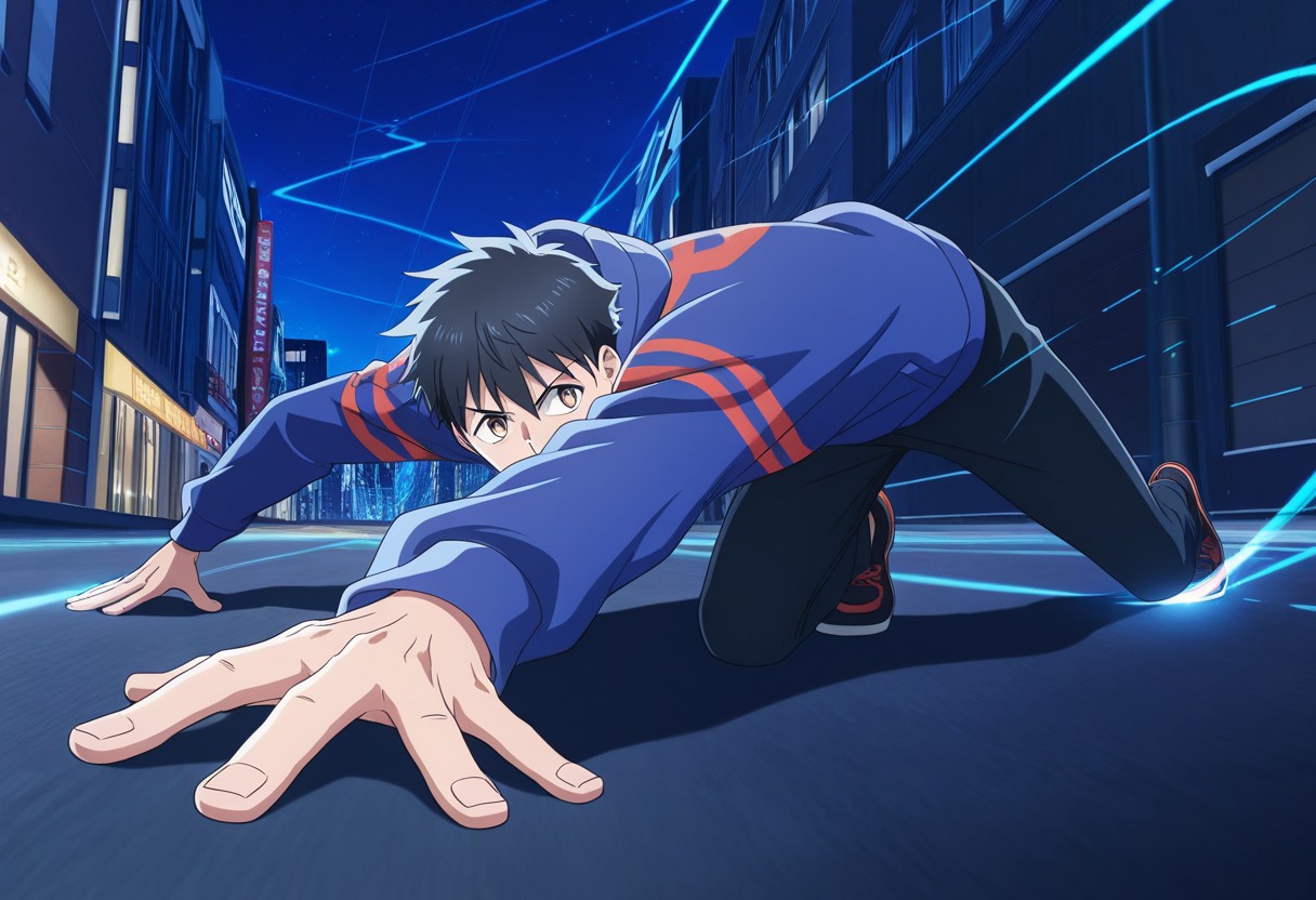 score_9, score_8_up, score_7_up, score_6_up, score_5_up, score_4_up, fullbody shot, score_9, score_8_up, tight clothes, source_anime, highly detailed, 1boy, solo, male_focus, Koichi Haimawari, blue hoodie, crawling, (((light trails on ground))), glowing under hands, city street, nighttime, hands on ground, action shot, movement, sliding, ((light trails under hands)), ((light trails under feet))