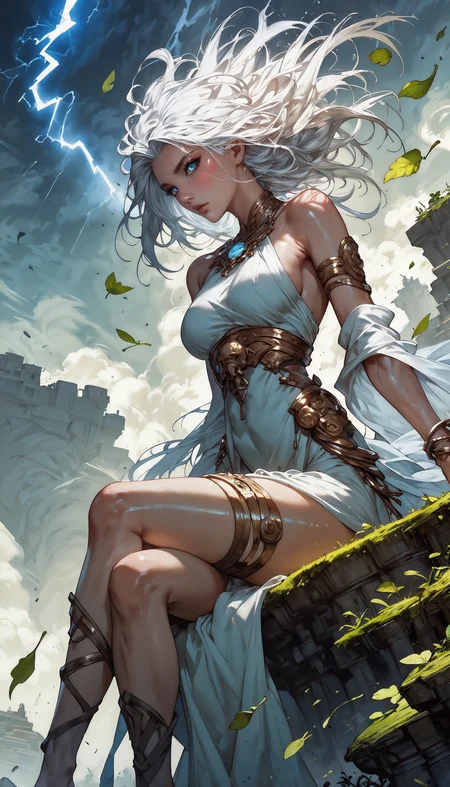 score_9, score_8_up, score_7_up, 1 girl, greek goddess, lightning aura, sitting on a flying island, air, gold jewelry, thigh strap, shiny skin, blush, beautiful face, blue eyes, white hair, floating hair, gentle breeze, white skin, crossed legs, blue sexy sheer dress, dutch angle, bottomless, pink fingernails, moonlight, stormlight, green leaves, flying leaves, lightning, wind, swirling wind currents, <lora:Expressive_H-000001:0.8>, expressiveH <lora:Fant5yP0ny:0.9> <lora:Pony_DetailV1.0:0.9>
