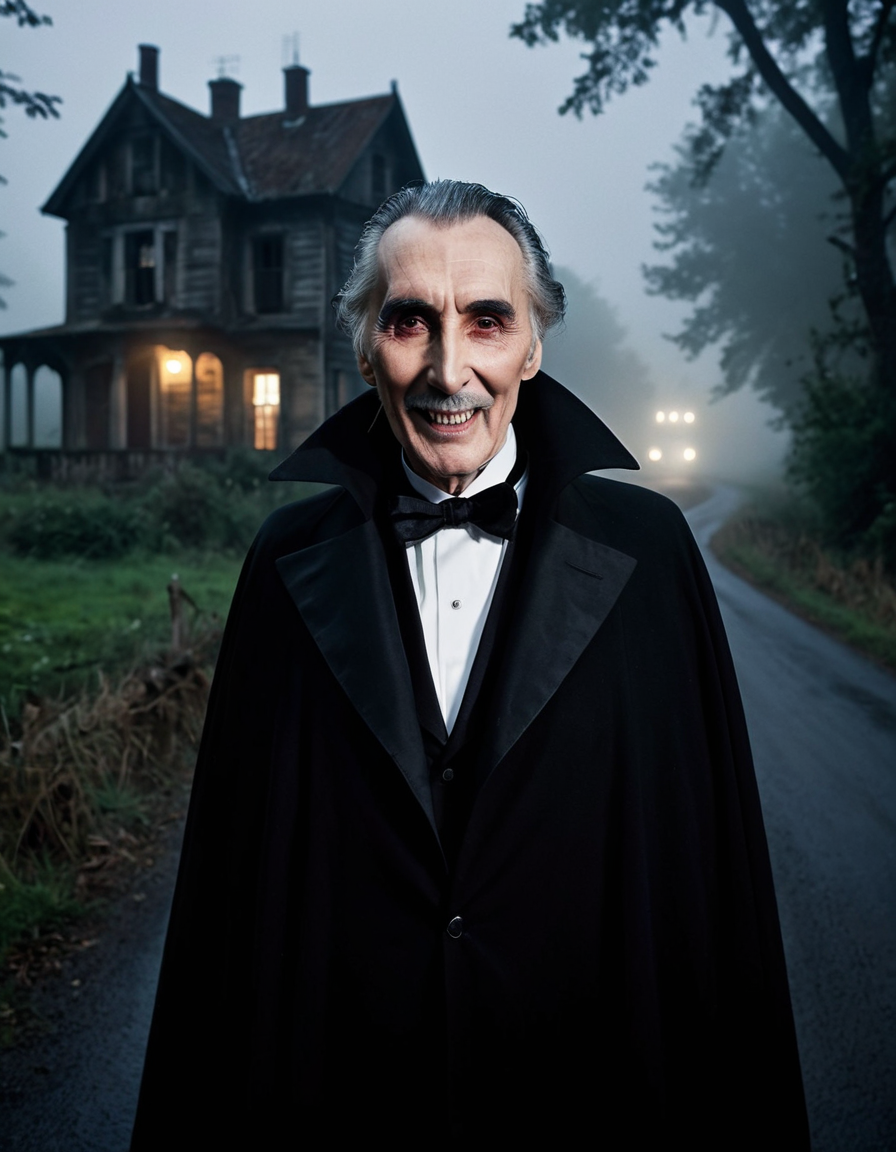 an old christopher lee, dracula alike, with a creepy smile,  in the foreground, looking at the camera, he is very creepy,creepy enigmatic smile,hes sems to invite you in,  nighttime, dense fog,  abandoned house, rural road, heavily wooded area, heavy fog, misty, (dark, dim, dim lighting:1.4), creepy, evil, midnight    <lora:Greys_Alien_Character_Creation_for_Flux.1_Dev:.3> alien, (score_9,score_8_up,score_7_up) (8k, RAW photo, highest quality, best quality, masterpiece, ultra-detailed, hires, absurdres, sharp focus), (photorealistic, hyper-realistic)