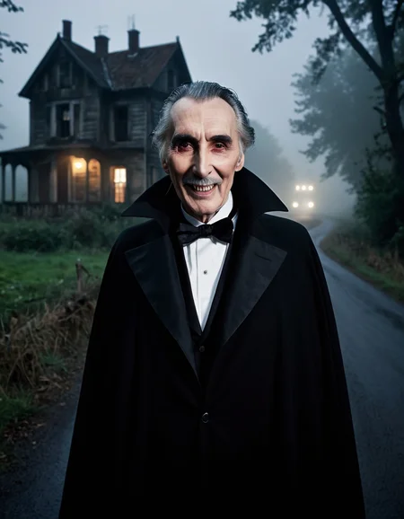 an old christopher lee, dracula alike, with a creepy smile, in the foreground, looking at the camera, he is very creepy,creepy enigmatic smile,hes sems to invite you in, nighttime, dense fog, abandoned house, rural road, heavily wooded area, heavy fog, misty, (dark, dim, dim lighting:1.4), creepy, evil, midnight <lora:Greys_Alien_Character_Creation_for_Flux.1_Dev:.3> alien, (score_9,score_8_up,score_7_up) (8k, RAW photo, highest quality, best quality, masterpiece, ultra-detailed, hires, absurdres, sharp focus), (photorealistic, hyper-realistic)