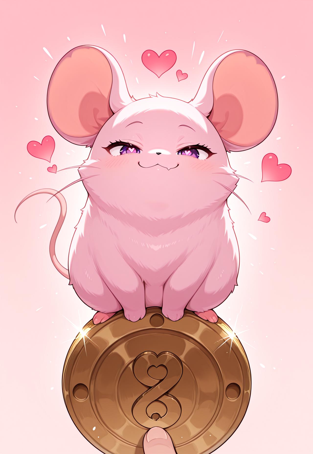 absurdres, masterpiece, safe, pg, no human, 1mouse, looking at viewer, purple eyes, pink fur, smile, smug, mouse standing, mouse holding big coin, pink background, coins, hearts, heart pupils,