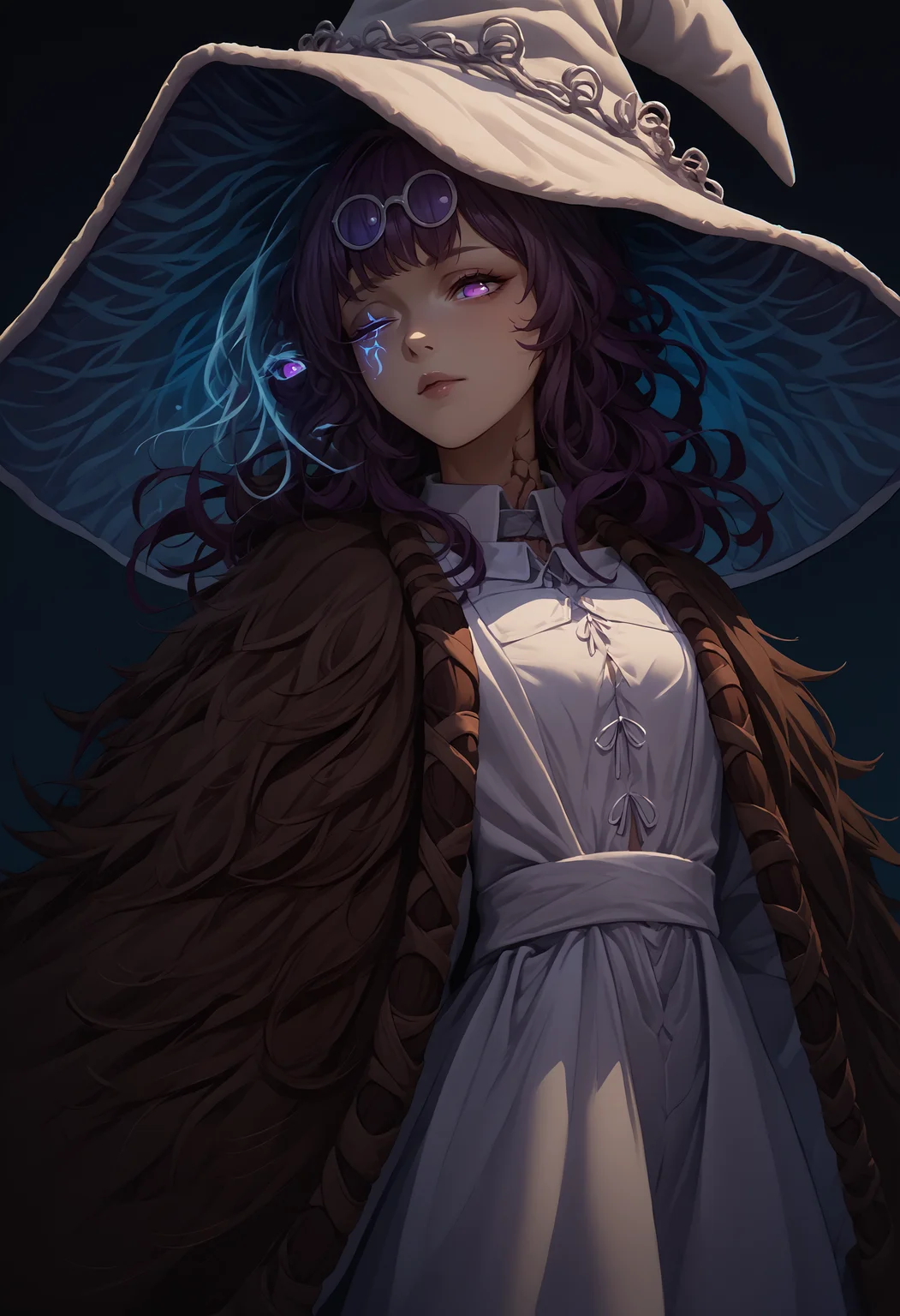 score_9, score_8_up, score_7_up, source_anime, 1girl, kafka, purple eyes, bangs, eyewear on head, <lora:Kafka_XLPD:1>,  <lora:Ranni_XLPD_CAME:1> IncrsXLRanni, white dress, witch hat, brown cloak