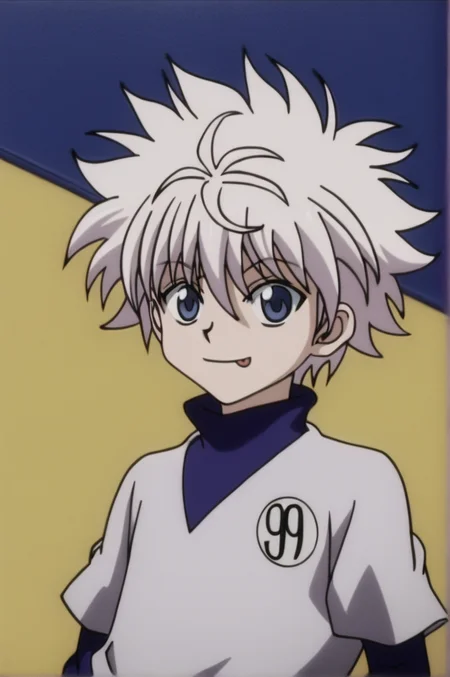 killua_zoldyck, 1boy, solo, looking at viewer, smile, short hair, bangs, blue eyes, simple background, shirt, hair between eyes, upper body, white hair, male focus, tongue, tongue out, turtleneck, blue background, spiked hair, yellow background, :p, two-tone background, male child, score_9, hxhanime <lora:xl_char_killua_zoldyck:1.0>