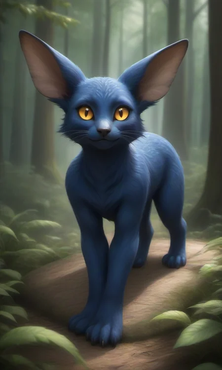 Sombryx_Evertale, there is a digital drawing of a blue animal with golden eyes with ((big ears)), all fours, nature, forest,