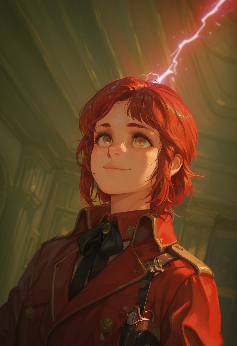 painterly, best quality, (surreal:1.6), flat color, solo, red hair, freckles, brown eyes, red military uniform, epaulletes, adventurer, office, inside palace, smiling, happy, pistol on holster, black bow tie, looking away, upper body portrait, confiant pose, masterpiece, best quality, amazing quality, palace background, intricate detail, highly detailed, newest, highres, 8K, HDR, absurdres, high quality, dynamic composition, dutch angle, foreshortening, intense lightning, best quality, vibrant colors, holographic colors, gradient colors