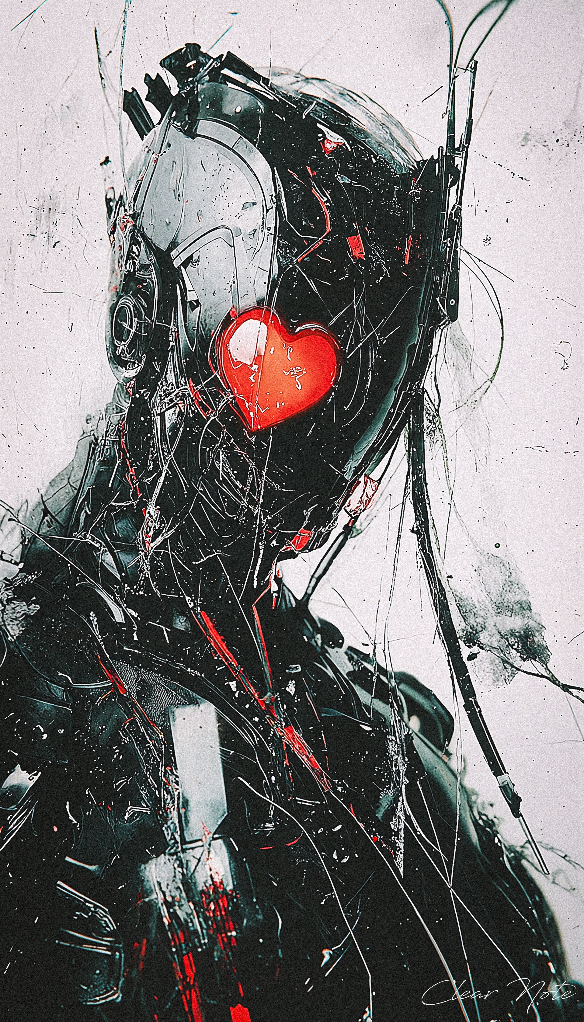 A heart of red in wires confined,
Love in circuits, deeply entwined.
Through fractured steel, hope takes flight,
A spark of warmth in endless night.