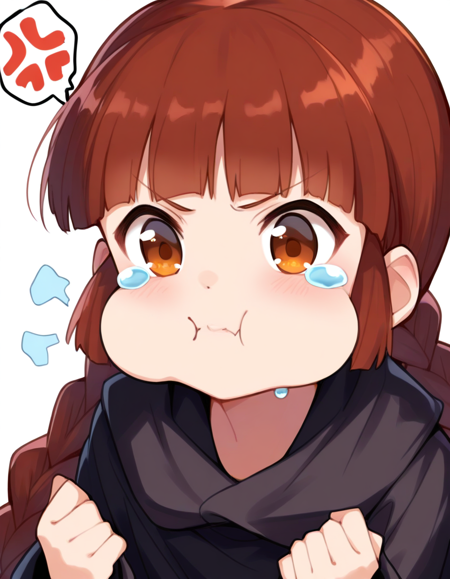 <lora:Grgrkukuri_SDXL_Illustrious01_fp16_ver01:1>,Grgrkukuri,1girl,solo,  blunt bangs,braid, brown eyes, twin braids,brown hair,black robe,v-shaped eyebrows, puffy cheeks,streaming tears, upper body, spoken anger vein,, masterpiece, best quality, very aesthetic, absurdres,<lora:detailed_hands:1>,hand