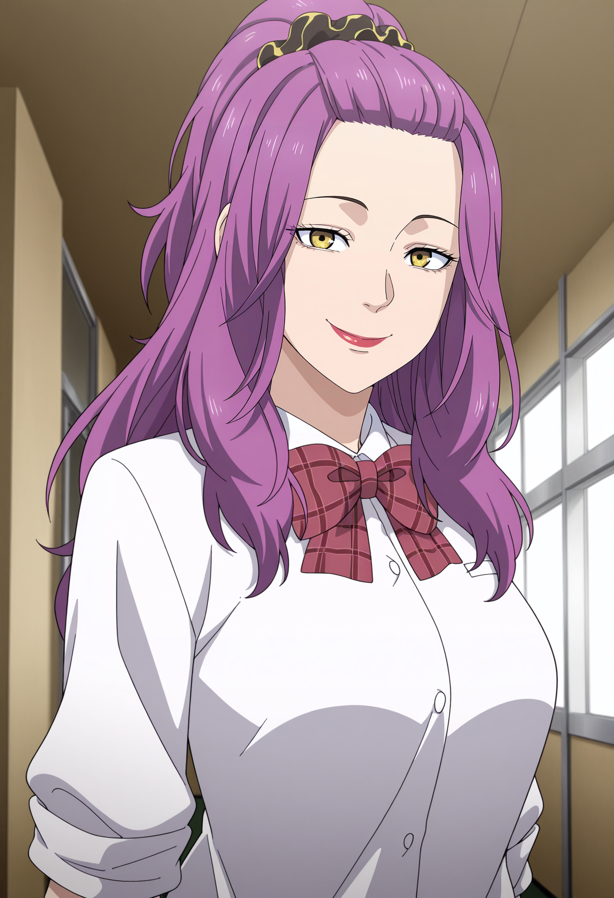 1girl,solo,mm,mature female,purple hair,long hair,lipstick,yellow eyes,scrunchie,hair ornament,anime coloring,
school uniform,white shirt,bowtie,sleeves rolled up,upper body,looking at viewer,smile,indoors
,masterpiece,best quality,amazing quality,<lora:Kaoru_Yamaba-Babanba_Banban_Vampire:0.8>
