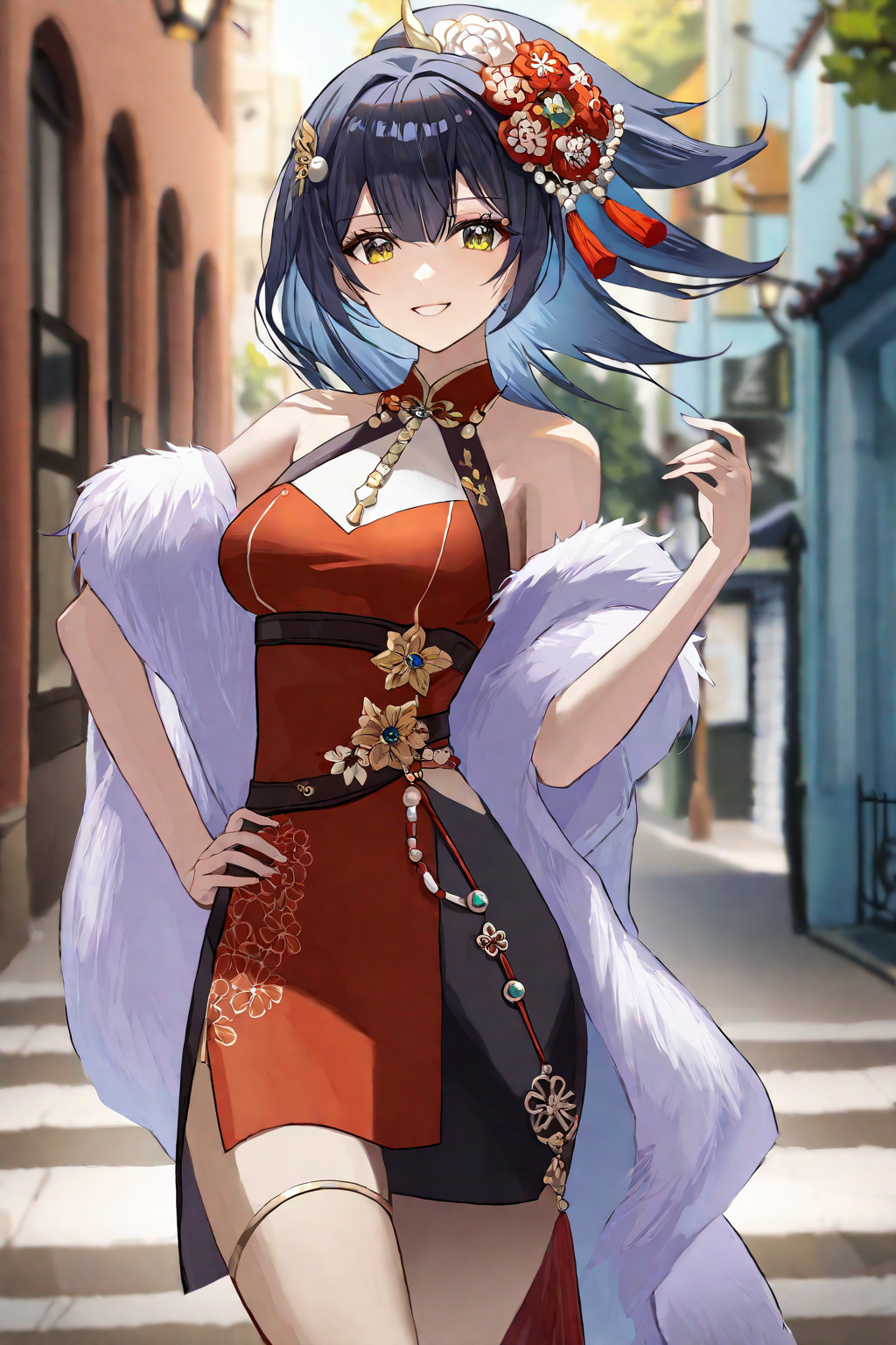(1girl:1.2),(solo:1.2),by shaochifanduohuahua,masterpiece,best quality,aesthetic,beautiful,beautiful color,amazing quality,detailed clothes,hair ornaments,pose,street background,smile,cowboy shot,nice hands,perfect hands,