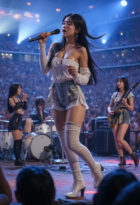 aidmafluxpro1.1, in the style of Jed-clrfl,  
highly detailed 8K image, beautiful Korean girl, Korean idol face, a masterpiece photo of a Korean four-member female rock band singing fiercely on a stage in a luxurious outdoor concert hall, all of whom have incredibly beautiful appearances. They wear girlish clothes, but their songs are dark hardcore metal. The female vocalist of the band holds a microphone and sings fiercely, the female drummer plays the drums beautifully at the back, the female bassist shows off a solid performance, and the female electric guitarist shows off her skills. The concert hall on a hot summer night is filled with the audience, and everyone seems absorbed in the music.