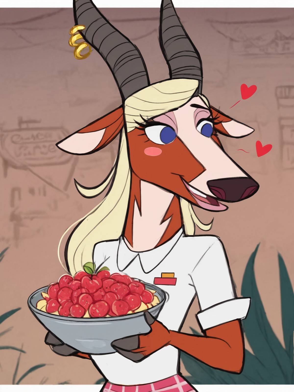 score_9,score_8,score_7,source_furry,
<1girl:1.5>,
<solo:1.5>,
nurse_gazelle, jacqueline_gazelle, gazelle girl, horns, blonde hair, solo, heart, jewelry, necklace, food, fruit, blue eyes, shirt, english text, furry, long hair, safe, tv show, earrings, pink blouse, plaid skirt, short sleeves, gym_outfit,
 <lora:Nurse_Gazelle:1> nurse_gazelle