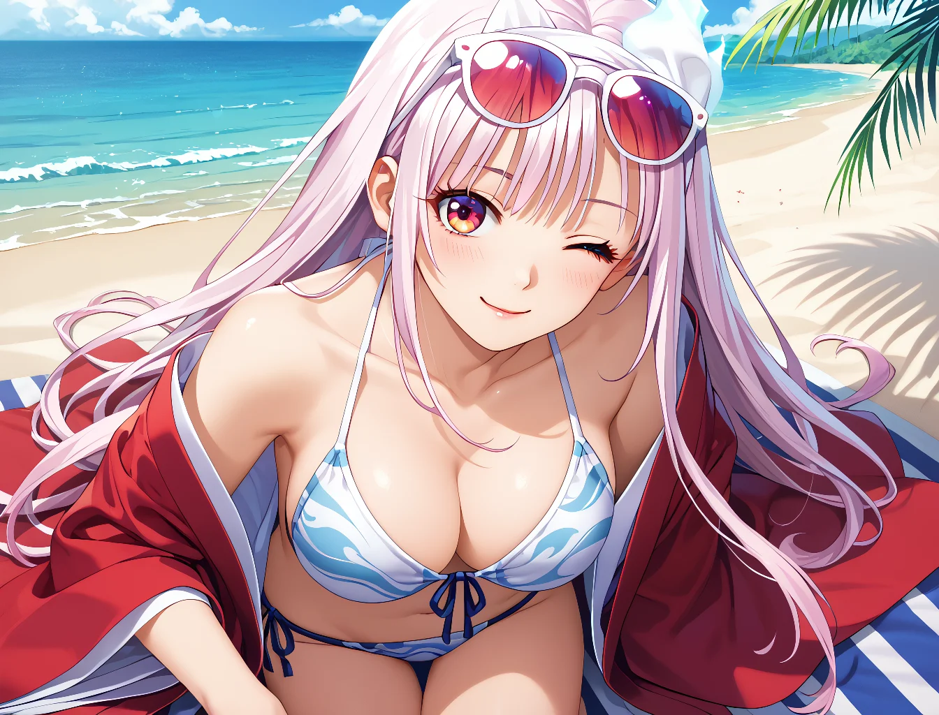 (masterpiece, best quality), absurdres, (masterpiece), best quality, game cg, absurdres, anime style, newest, score_9_up, score_8_up, score_7_up, score_6_up, score_5_up, score_4_up, score_3_up BREAK (masterpiece, best quality), absurdres, long eyelashes, BREAK Yuuna_Yunohana, solo, beach, ((bikini only, sunglases on head)), wink