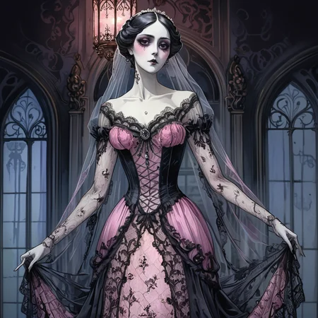<lora:ArsMJStyle_-_AnimeBSDXL:1> ArsMJStyle, AnimeB , A haunting portrait of a Victorian lady ghost, her translucent form adorned in an elaborate pink and black lace gown, floating in a dimly lit, ornate parlor. Watercolor, gothic, art nouveau.