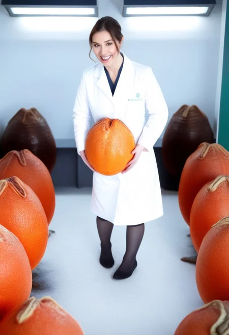 fchgr, blood orange style, xenoegg, view of a group of hatched xenoeggs, xenoeggs made of orange peel, horror theme, green light, space station interior, foggy ground, beautifully lit,
Female Doctor in lab coat with facehugger jumping at her, facehugger, alien facehugger