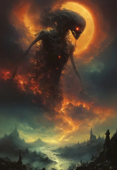 best quality, masterpiece, painting, concept art,  ((((High angle From avove, camera from above, Bird's-eye view, aerial shot view)))), In the heart of the absurdes,land of alien flies, a giant black hole,organic,abomination,remains of fallen giants,giant  skeletons,overgrown,toxicity,mutation,pus,dense fog,atmospheric haze,cloud, silicon flora, liquid, ligaments, connections, biological, biomechanical,  light particles, rainy, twisted architecture intricate detail, surreal masterpiece of contrast, blending the energy of  fantasy  with the scifi aesthetic,mix of science fiction and fantasy,deadly void,swirling,attraction,interaction,low gravity,scifi dark fantasy,vibrant colors,dramatic,tragic,melancholy,dark dream,cosmic horror,alienscape,dreamscape,otherworldy,weird,slowly drown,cursed paradise,professional,perfection,visually stunning,mesmerizing,disturbing,mystical touch,highly detailed, intricate,painted in high resolution,close-up,  primary colors,acid bleeding deep colors, no gradients, illustration,ferrotype,grisaille,infrared,scenery, ((no humans)),
 composition explores the boundaries of reality, creating a visually arresting scene that defies conventional norms,layers, Dive into the eerie and thought-provoking atmosphere as the surreal narrative unfolds in this captivating and unsettling artwork,epic scale
<lora:John Harris Style:0.8> John Harris Style page,Arik roper,Ben Templesmith,Tsutomu Nihei,Henry Fuseli,tomasz alen kopera 

