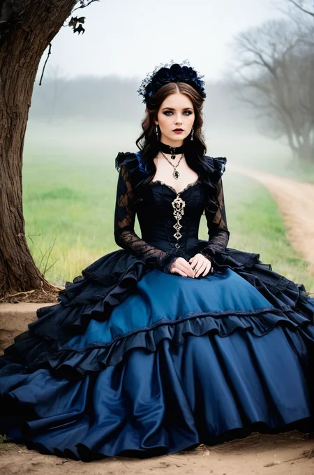 breathtaking an individual seated in a natural, open setting, with mist or fog adding a mysterious ambiance. The person is dressed in an elaborate gothic style gown with multiple layers of lace and ruffles, which suggests a Victorian influence. The dark color palette of the attire is consistent with gothic fashion, emphasizing the somber and romantic themes often associated with the subculture. The individual's hair is styled in a tousled manner, with hints of color that may indicate a rebellious or personal twist to the traditional gothic look. They are adorned with ornate jewelry, including a necklace with a prominent pendant that serves as a focal point against the dark fabric of the dress. The person's pose and distant gaze evoke a contemplative or melancholic mood, which is complemented by the bleak and desolate landscape. The stark contrast between the intricate details of the clothing and the simplicity of the natural surroundings emphasizes the solitude and introspective state of the individual. The overall composition of the image, from the fashion to the setting, creates a narrative that invites the viewer to ponder the story behind the subject's presence in this eerie environment. <lora:S4ndr4_mo6:0.75> S4ndr4 . award-winning, professional, highly detailed
