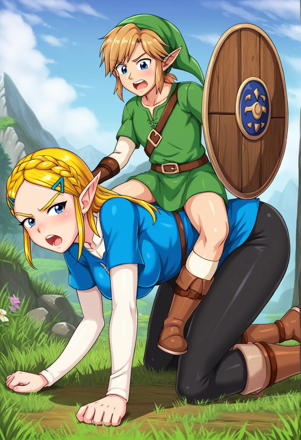 <lora:pony_ride_bog_ponyxl_v1:0.8>, piggyback riding, human chair, all fours, sitting on person, boy on top, 1girl, blue eyes, link, zelda, the legend of zelda: breath of the wild, 1boy, from side, clothed, black pants, blue dress, brown boots, looking to the side, charging, open mouth, shouting, wooden shield, half-closed eyes, angry, outdoors, grass, mountainous horizon, blue cloudy sky,
BREAK
score_9, score_8_up, anime, (high quality, detailed, beautiful), shiny, detailed beautiful eyes, outstanding, countershading, detailed soft lighting