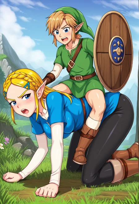 <lora:pony_ride_bog_ponyxl_v1:0.8>, piggyback riding, human chair, all fours, sitting on person, boy on top, 1girl, blue eyes, link, zelda, the legend of zelda: breath of the wild, 1boy, from side, clothed, black pants, blue dress, brown boots, looking to the side, charging, open mouth, shouting, wooden shield, half-closed eyes, angry, outdoors, grass, mountainous horizon, blue cloudy sky,
BREAK
score_9, score_8_up, anime, (high quality, detailed, beautiful), shiny, detailed beautiful eyes, outstanding, countershading, detailed soft lighting