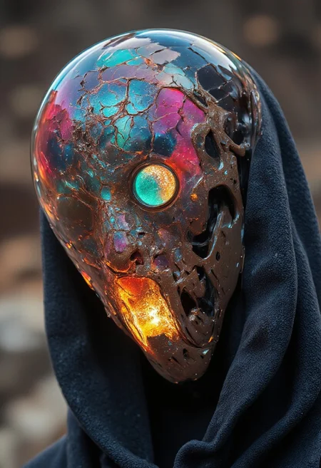 An extreme macro close-up of a translucent robotic head resembling a serpent, its hollow, glass-like surface revealing the decayed remnants of its inner mechanisms. The lifelike scales, once vibrant, now shift with eerie, fading neon tones of pink, red, yellow, and green, bleeding into one another like the last embers of a dying machine. Subsurface scattering (SSS) effects illuminate fractured wiring beneath the surface, glowing faintly with irregular pulses, as if struggling to cling to life. The lighting is dim and cold, with harsh backlight casting long shadows through the translucent material, emphasizing the cracks and imperfections in its once-flawless design. The shallow depth of field blurs the desolate backdrop, littered with rusted metal fragments and faintly glowing debris, adding to the sense of abandonment. The robotic head is crowned with a weathered metal hood, its surface pitted and scarred as if corroded by years of acid rain. A central circular aperture, cracked and flickering with an unstable turquoise light, dominates the frame. Etched into the hood are intricate filigree patterns, their coppery glow dim and irregular, like the fading heartbeat of an ancient, forgotten machine. These shifting patterns pulse faintly, evoking an organic-mechanical aesthetic—a haunting relic of a future consumed by entropy.
