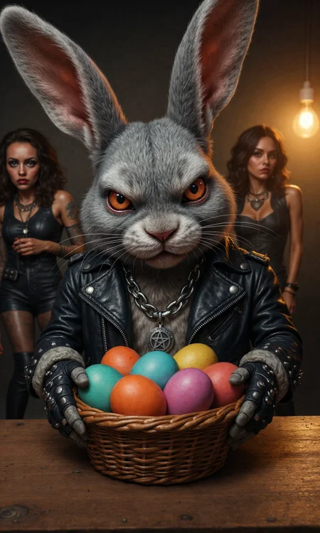 The art style Highly Detailed Photo-realistic Digital Art shoot in the style of Art by Anato Finnstark. Rocky the Rabbit, a highly detailed photo-realistic render of an anthropomorphic grey rabbit, standing behind a wooden table. Rocky the Rabbit wears a black leather motorcycle jacket covered in silver spikes, fingerless studded leather gloves, and a thick silver chain with a pentagram pendant. Rocky the Rabbit is making a rock and roll hand gesture with one gloved hand and holding a wicker basket overflowing with vibrantly colored Easter eggs in the other. Rocky the Rabbit has intense orange eyes and a stern expression, with detailed grey fur and whiskers. In the blurred background, two women in dark, rock-inspired clothing are visible, lit by a warm, soft light source. The scene is set in a dark, moody interior. Highly detailed, 8k, sharp, professional, clear, high contrast, vivid deep blacks, crystal clear., <lora:Laura H. Rubin:0.35> By Laura H. Rubin
<lora:CREEPY PASTEL CARICATURE:0.45>