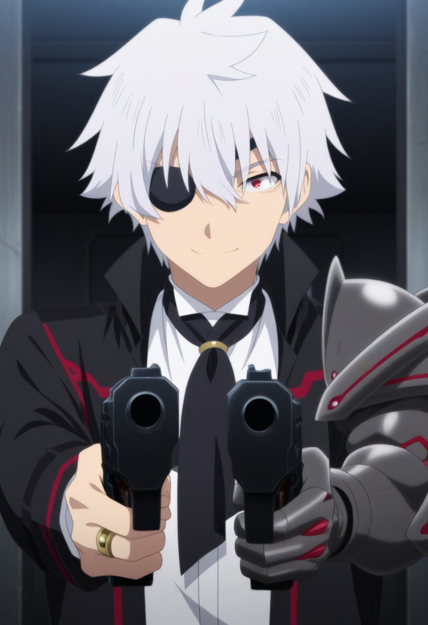 masterpiece,best quality,amazing quality, source_anime, 
NagumoHajime, 1boy, ring, male focus, weapon, gun, red eyes, eyepatch, holding, solo, holding gun, holding weapon, dual wielding, official style, white hair, looking at viewer, closed mouth, smile, handgun, upper body, single mechanical arm, , shirt, white shirt, collared shirt, necktie, black necktie, coat, black coat,
