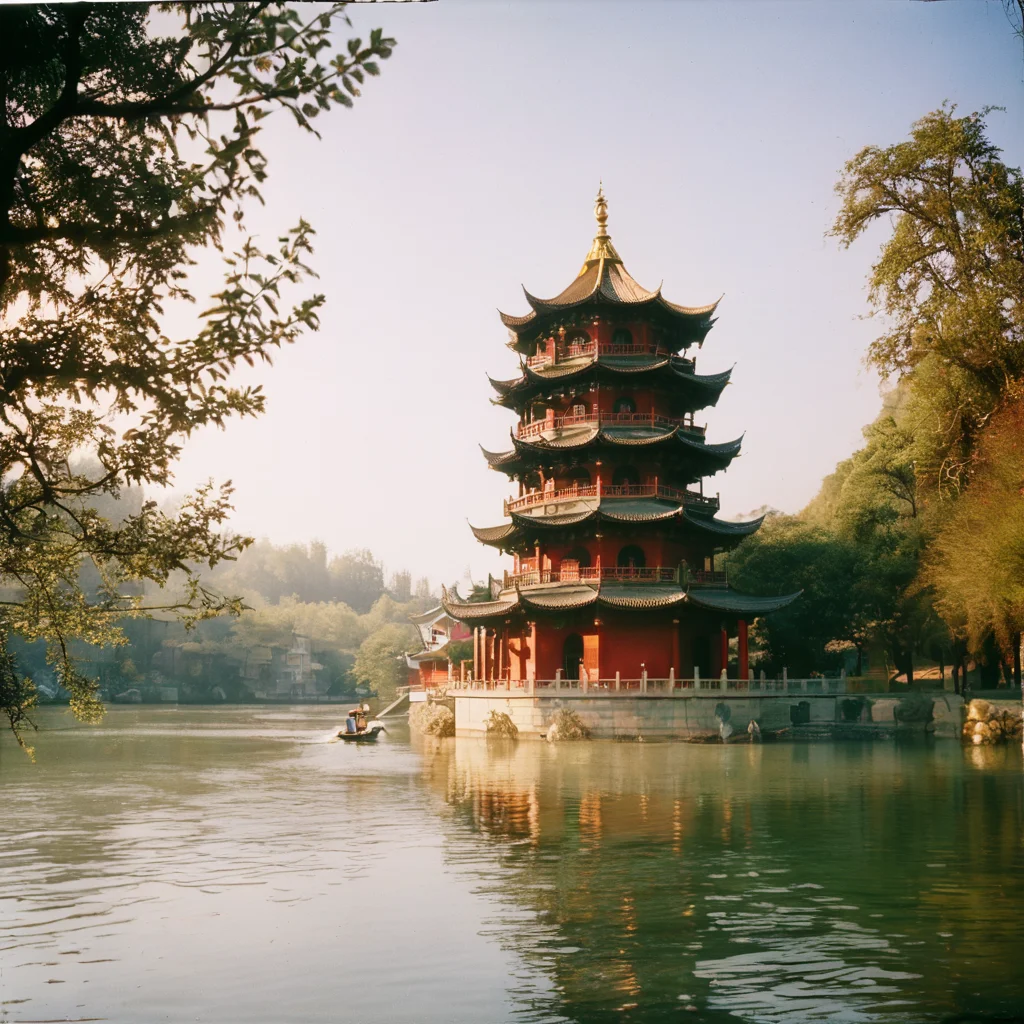 4k,realistic,photograph,analog film photo Deep photo,ferrania p30 film,Kodachrome,grainy,chinese style,shining,
a beautiful chinese tower by the river,daytime,sunny,
east asian architecture,<lora:east_asian_architecture:1>,