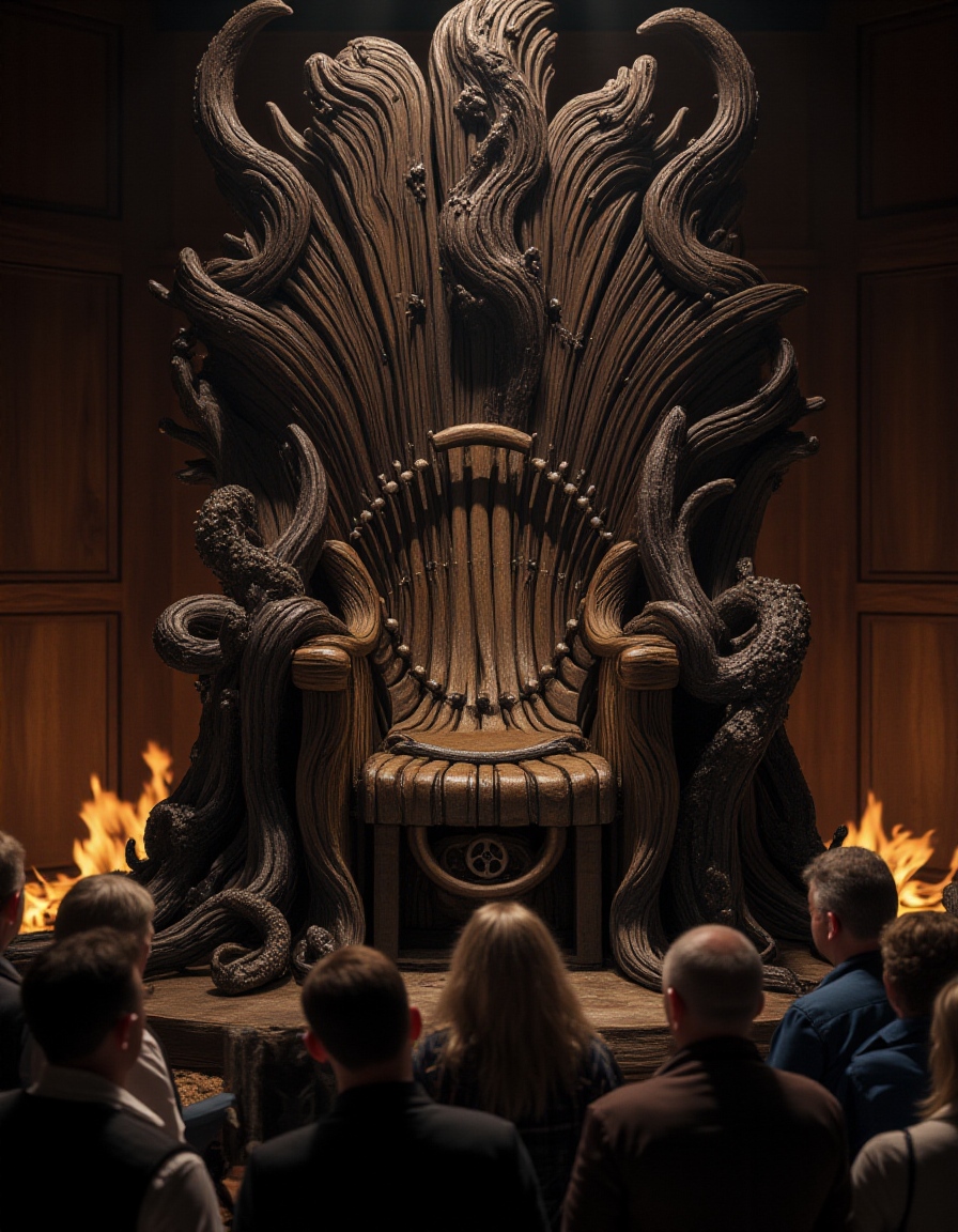 A towering throne carved entirely from dark oak, its high backrest shaped like a cresting wave. Intricate carvings of mythical sea creatures adorn the arms and base, while the seat itself appears to "ripple" with detailed grooves mimicking water. Hidden beneath the throne is a mechanism of wooden cogs and weights, causing parts of the backrest to move slightly, as if the wave is alive. The glow from a roaring hearth highlights the rich texture of the wood. A royal court gathers in hushed awe, watching the throne's slow, majestic motion.
<lora:ral-kntcscptr-flux:1>