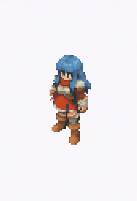 masterpiece, best quality, solo, 1girl, <lora:FFT-Sprites-illus_Fp:1>, looking at viewer, from side, full body, standing, solid oval eyes, no mouth, no nose, pixel art, simple background, white background, <lora:caeda-fe-richy-v1_ixl:1>, caedadef, blue eyes, blue hair, long hair, bangs, turtleneck, red shirt, shoulder armor, pauldrons, breastplate,