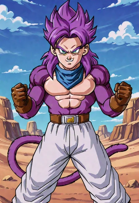 GTTrunks, 1boy, purple hair, blue bandana around neck, brown gloves, shorts, white pants, brown boots, abs, body fur, long hair, monkey tail, muscular, pectorals, (purple fur:1.5), solo, spiked hair, ssj4, super saiyan, tail, solo, fighting stance, standing, clenched hands, dynamic pose, upper body, looking at viewer, smiling, cowboy shot, desert background, blue sky, clouds, scene reference, verybadimagenegative_v1.3