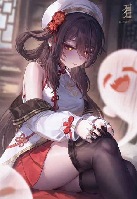 safe_pos, sushispin, genshin impact, boo tao \(genshin impact\), hu tao \(cherries snow-laden\) \(genshin impact\), hu tao \(genshin impact\), 1girl, adjusting clothes, adjusting legwear, architecture, bare shoulders, black thighhighs, breasts, brown hair, chinese clothes, closed mouth, earrings, east asian architecture, hat, indoors, jewelry, light blush, logo, long hair, looking down, medium breasts, multiple rings, official alternate costume, orange pupils, red eyes, red skirt, ring, shirt, sitting, skirt, sleeveless, sleeveless shirt, solo focus, thighhighs, thighs, white hat, white shirt