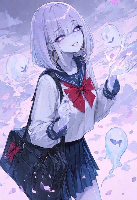 masterpiece, best quality, Good quality, very aesthetic, absurdres, newest,1girl, cloud, cloudy sky, day, light rays, looking at viewer, outdoors, sky, smile, solo,
BREAK
raytracing, volumetric lighting, ambient occlusion, girl, background, masterpiece, best quality, very awa, absurdres,
BREAK
masterpiece,amazing quality,best quality,ultra-detailed,8K,illustration,CG,shiny hair,clear skin,ultra-detailed-eyes, detailed background,cute girl, eyelashes, erotic, petals falling,
BREAK
(sexy, slutty, hot, aroused),
Ghost, colored skin, pale purple skin, floating, magic
BREAK
shirt, skirt, long sleeves, bow, parted lips, jewelry, school uniform, earrings, pleated skirt, serafuku, sailor collar, bag, red bow, blue skirt, blue sailor collar, hoop earrings, limited palette