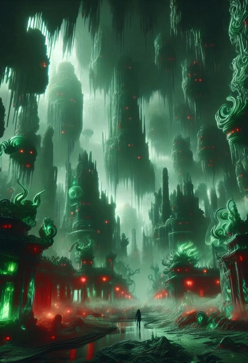 emeraldmorph,fantasy art deco,Cyberpunk city,abyssmerald, dark, haunting, green fog, cave, ruins, red lantern, background fantasy, ancient background, <lora:JJsCyberPunkCity_XL:1>, ((CyberPunk City)), (masterpiece),(high quality), best quality, real,(realistic), super detailed, (full detail),cenery,A mystical emerald valley where ancient magic fuses with future tech: biomechanical titans and cyber-enhanced crystal dragons battle beneath a blood-red moon projecting AR runes. (disintegrating and dissolving into fog and smoke:1.9) A robotic minotaur wreathed in digital flames charges through crystalline data streams, while a majestic cyber-turtle carries both a miniature emerald world and quantum computer on its shell. (blending form with reality:1.9) Techno-shamans cast code-spells from LED-enhanced robes, as chrome-augmented crystal golems guard digital ley lines. A towering emerald mech-dragon, scales shifting between runes and binary, coils around a crystal spire network hub, while digital familiars and drones dance through neon mist where technology and sorcery merge into one.