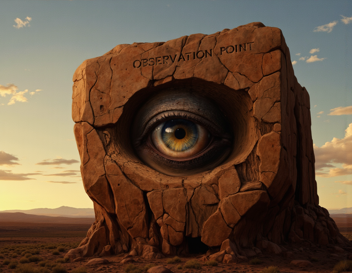 <lora:Oddart:0.6> oddart, A surreal and hyper-detailed digital painting of a gigantic, odd-shaped human eye embedded in a rugged, ancient rock formation, with the iris a deep shade of indigo and the pupil a piercing yellow, as if staring intensely into the distance. The eye's skin is a mosaic of rough, rocky texture and smooth, translucent skin, with visible pores and fine wrinkles around the eyelid, which is slightly ajar, giving the eye a sense of perpetual vigilance. The surrounding rock is a weathered, earthy brown, with visible cracks, fissures, and mineral deposits that seem to be growing organically around the eye. The lighting is warm and golden, with the sun casting a dramatic glow on the rock and eye, accentuating the intricate details and textures. The atmosphere is one of eerie stillness, with a few stray clouds drifting lazily across the sky, casting dappled shadows on the rock. In the background, a vast, arid landscape stretches out, with distant mountains and hills fading into the horizon. The shot is a wide-angle, panoramic view, capturing the enormity of the eye and its surroundings. The image features a high level of texture and rendering detail, with subtle imperfections and artistic choices, such as slight lens distortion and a hint of grain, adding to the overall sense of realism and wonder. The text "Observation Point" is etched into the rock above the eye, in a simple, weathered font, as if a long-forgotten sign. The overall mood is one of haunting, otherworldly beauty, as if the eye is a gateway to a hidden, ancient world. The image is rendered in a photorealistic style, with a shallow depth of field, focusing sharply on the eye and rock, while softly blurring the distant landscape. . 35mm photograph, film, bokeh, professional, 4k, highly detailed