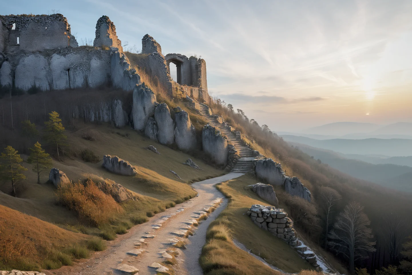 Hyperrealistic art professional photo, scenery, path through cliffs up to hill leading to ruins, forest, (dramatic sky, journal cover shot, natural colors, correct white balance, color correction, dehaze,clarity), . Extremely high-resolution details, photographic, realism pushed to extreme, fine texture, incredibly lifelike <lora:When_autumn_meets_winter_XL:1>