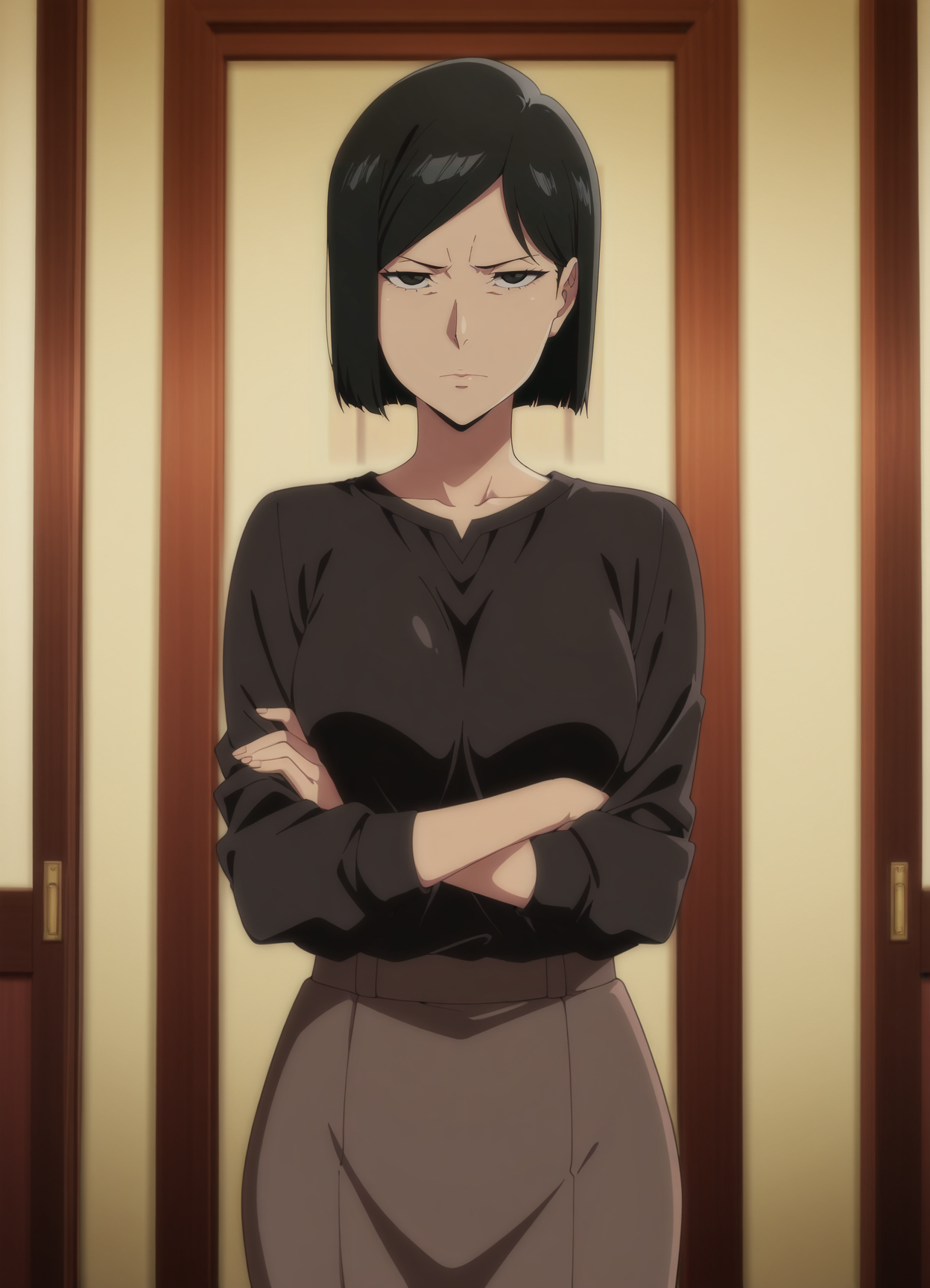 1girl,solo,mm,mature female,black hair,short hair,black eyes,bob cut,anime coloring,
shirt,skirt,cowboy shot, looking at viewer, indoors,crossed arms, 
,masterpiece,best quality,amazing quality,<lora:Izumi_Ishida-Bleach_Sennen_Kessen-hen-000004:0.8>