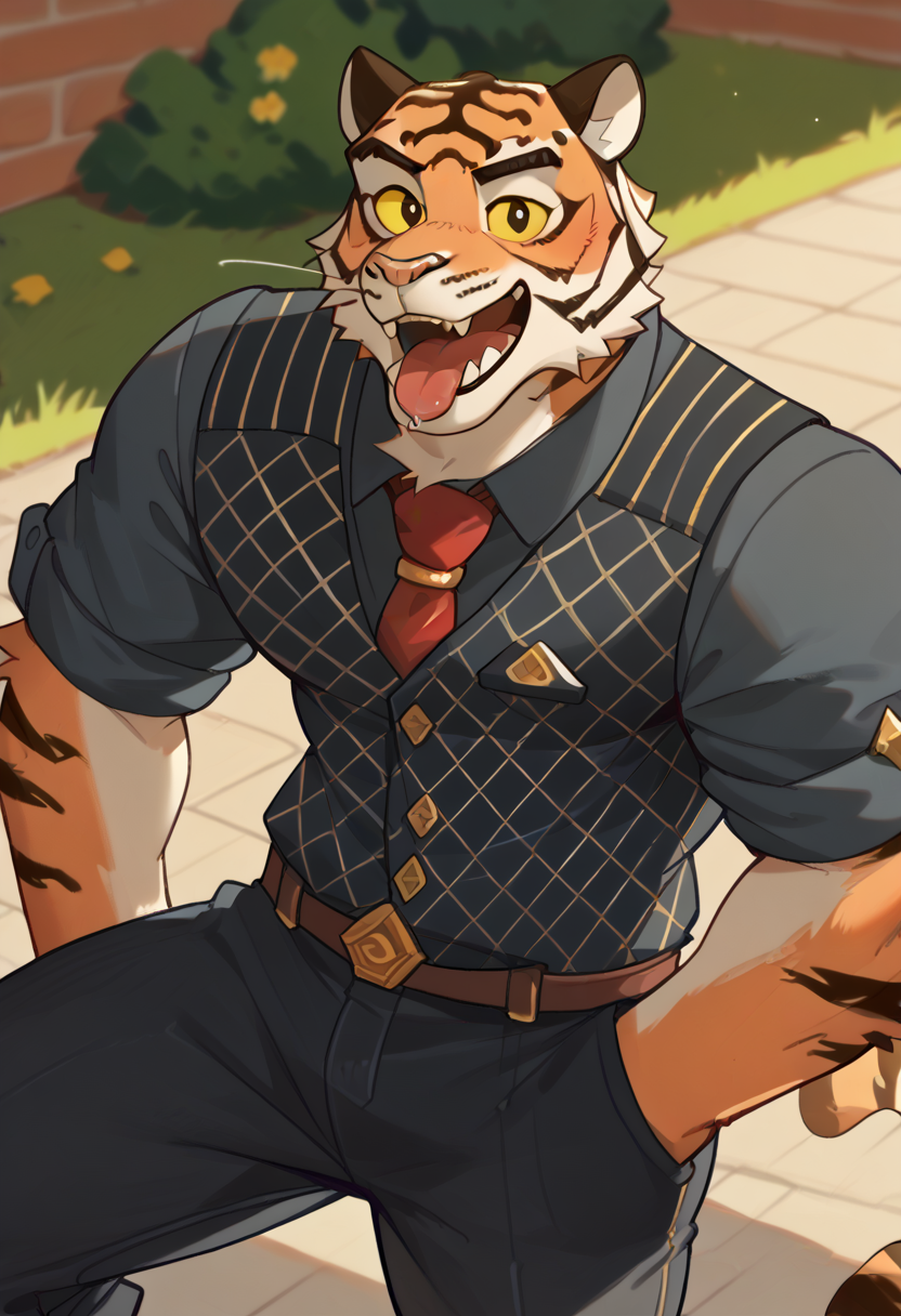 score_9, score_8_up, score_7_up, hi res, high quality, by gr3yyy, oscar, fortnite, furry, 1boy, solo, yellow sclera, black pupil, tiger boy, spread legs, necktie, rolled up sleeves, pants, tongue, open mouth, legs out of frame, standing, <lora:Oscar_Fortnite:1>, <lora:Greyyy_Artist_Style:1>