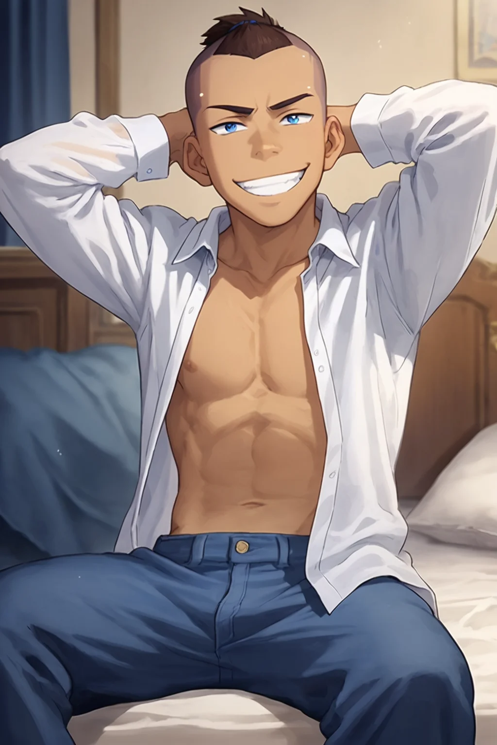 score_9, score_8_up, score_7_up, <lora:sokka:0.8>, 1boy, solo, sokka, blue eyes, brown hair, undercut, topknot, white shirt, open clothes, open chest, grin, looking to viewer, looking at viewer, hands behind head, bedroom, sitting, pants, official art, official style,