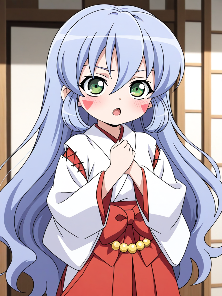 general,highres, ultra-detailed,very aesthetic,best quality ,best hands, BREAK <lora:Nazuna_Onmyou_Taisenki_Ver2.0_IS:0.8>Nazuna, long hair,
wavy hair,
1girl, solo, japanese clothes, miko, green eyes, red hakama, long hair, skirt, open mouth, hakama, blue hair, blush, hakama skirt, long sleeves, facial mark, Yellow beads,
red triangle facial mark, hair between eyes,white kimono,cross-laced sleeves,long sleeves, wide sleeves, red hakama pants, red layered waist bow, yellow waist beads,