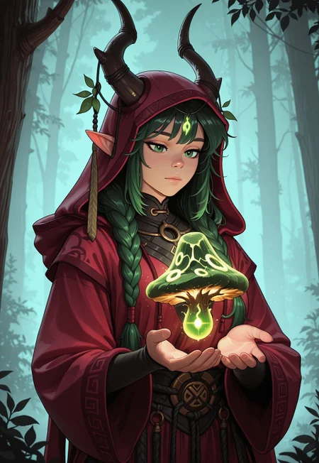 score_9, score_8_up, score_7_up, 1girl, solo, mystical druid, flowing robes with nature-inspired patterns and earthy tones, ancient wooden staff with carved runes and a glowing crystal at the top, long braided auburn hair adorned with flowers and leaves, realistic, cinematic angle, cinematic lighting, graceful body, wise face, deep green eyes, meditative pose
BREAK
standing in a sacred grove surrounded by ancient trees
BREAK
source_fantasy_art, rating_explicit, expressive, full body, elegant pose
BREAK
detailed beautiful background, enchanted forest with towering ancient trees and lush undergrowth, glowing mushrooms and luminescent plants, mystical creatures such as fairies and woodland spirits, distant mountains with waterfalls, serene atmosphere with a sense of harmony and magic
<lora:Expressive_H:0.6>Expressiveh, (SimplepositiveXLv1:1.3), (upper body, full clothed:1.85) ((masterpiece)) (ultra realistic, 32k, masterpiece:1.2), (high detailed skin:1.1), (high quality:1.1) (((full clothed))) <lora:DandonFuga_Style_v.2_-_Pony:0.8>
<lora:add-detail-xl:1>
<lora:Dynamic Poses:1>