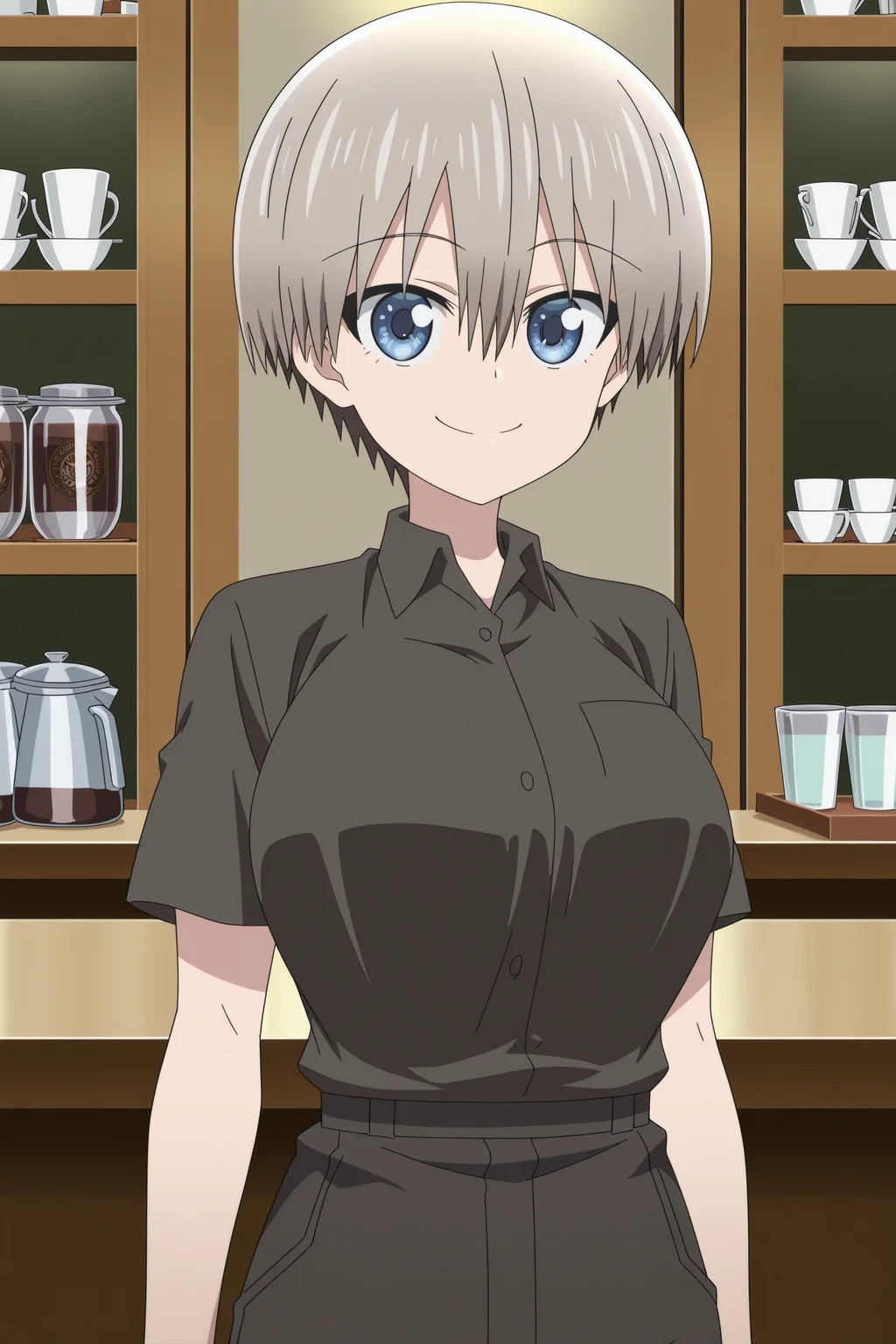 anime screencap, anime coloring, detailed face, masterpiece, best quality, very aesthetic, absurdres,, volumetric lighting, official style, amazing quality, ultra detailed, highres, amazing quality, scenery, beautiful detailed hair, beautiful detailed eyes, defined fingers, five fingers,
<lora:Hana_Uzaki_Uzaki-chan_Wants_to_Hang_Out_-_Illustrious_V2:1>
at a coffee shop,
Hana work uniform outfit, Hana Uzaki (character), uzaki hana, 1girl, solo, short hair, gray hair, bangs, hair between eyes, blue eyes, large breasts, black shirt, short sleeves, collared shirt, black pants,
cowboy shot, looking at the viewer, smile