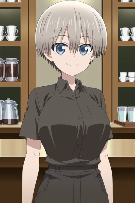 anime screencap, anime coloring, detailed face, masterpiece, best quality, very aesthetic, absurdres,, volumetric lighting, official style, amazing quality, ultra detailed,  highres, amazing quality, scenery, beautiful detailed hair, beautiful detailed eyes, defined fingers, five fingers,
<lora:Hana_Uzaki_Uzaki-chan_Wants_to_Hang_Out_-_Illustrious_V2:1>
at a coffee shop,
Hana work uniform outfit, Hana Uzaki (character), uzaki hana, 1girl, solo, short hair, gray hair, bangs, hair between eyes, blue eyes, large breasts, black shirt, short sleeves, collared shirt, black pants,
cowboy shot, looking at the viewer, smile