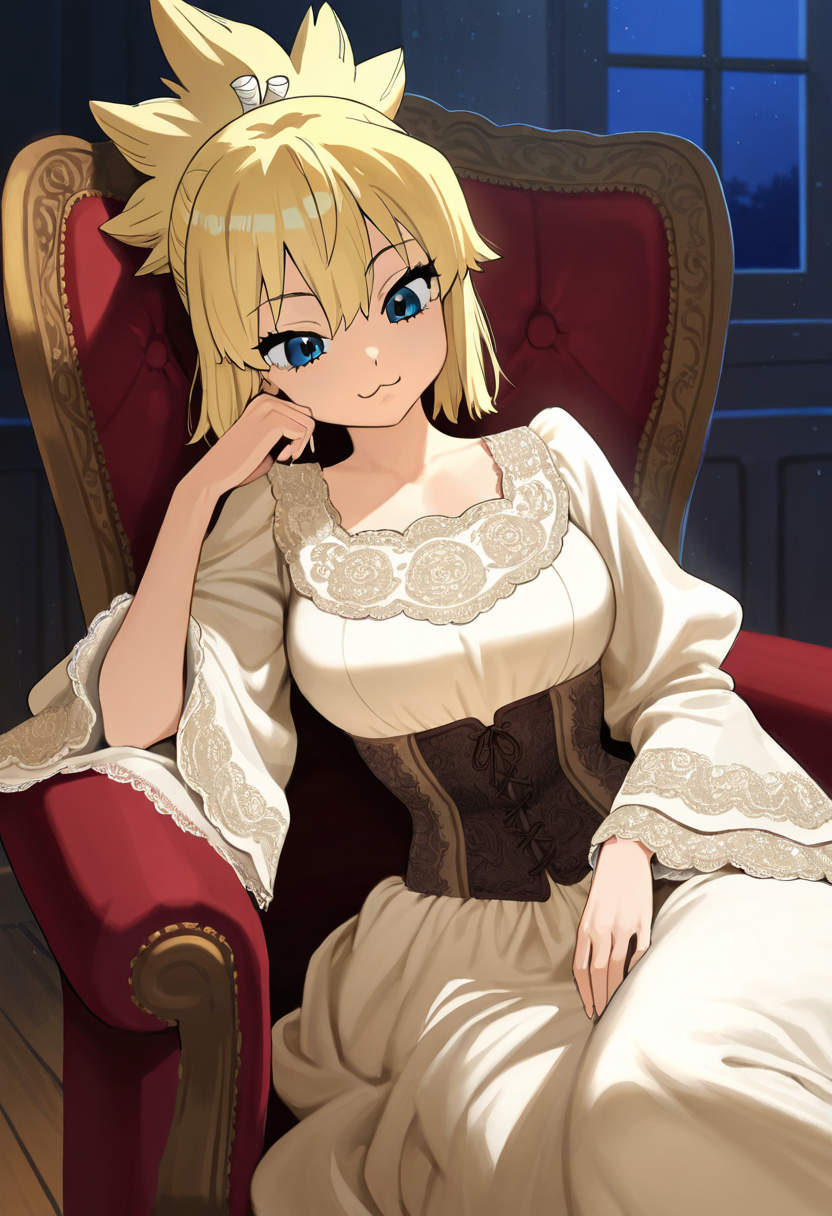 kohaku_(dr_stone), :3, masterpiece, best quality, amazing quality, ultra detailed, solo, 1girl, adult, long dress, wide sleeves, ornate dress, corset, victorian dress, sitting, armchair, brocade, reclining, leaning on side, chin down proud, indoors, night, particles, cowboy shot,