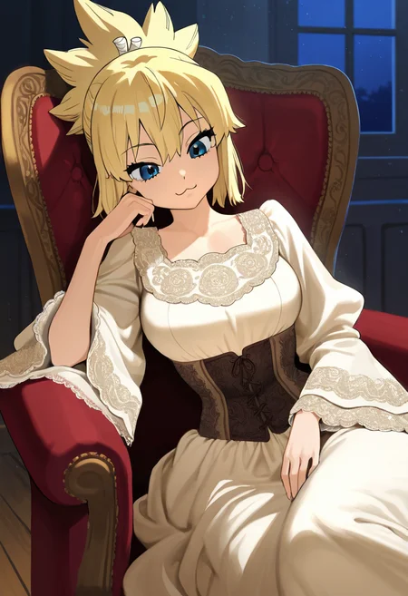 kohaku_(dr_stone), :3, masterpiece, best quality, amazing quality, ultra detailed, solo, 1girl, adult, long dress, wide sleeves, ornate dress, corset, victorian dress, sitting, armchair, brocade, reclining, leaning on side, chin down proud, indoors, night, particles, cowboy shot,