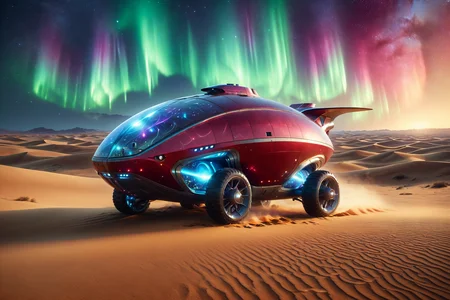 morph-aurora, a futuristic wagon with family design, sleek curves, solo, retractable wings, sleek fins, futuristic spaceport, sleek ships, starry sky, detailed background, cruising through a desert, sand dunes, holographic markers, environment focus, wide shot, a holographic projector, displaying data, nearby, best quality, rich colors, realistic style, high detail, high-definition, hyper-realistic, extremely high-resolution details, fine texture, incredibly lifelike, realistic, not fantasy, not anime, not drawing, highres, 4K resolution, source photo, realistic photo, masterpiece, best quality, amazing quality, very aesthetic, ultra-detailed, detailed surfaces, natural metallic tones, soft light, matte red, sleek finish, warm light, dynamic angle, wide shot, <lora:add-detail-xl:1> <lora:aurora_0_100_V1-000009:0.65>