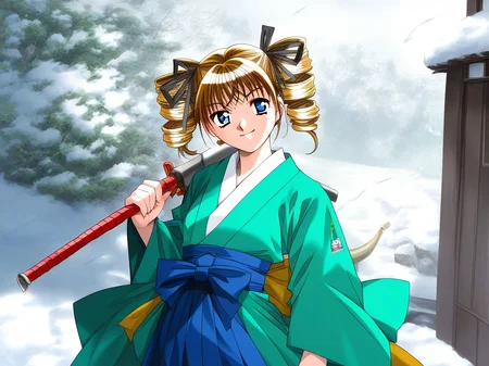 score_9, score_8_up, score_7_up, source_anime, rating_explicit, BREAK <lora:Yukiyanagi_Yuzu_XL:1> Yukiyanagi_Yuzu, drill hair, blue eyes, brown hair, blonde hair, hair ribbon, black ribbon, twin drills, small breasts,
1girl, bow (weapon), solo, weapon, japanese clothes, holding, skirt, long sleeves, snow, green kimono, 1990s (style), outdoors, blue hakama,
serious smile,
looking at viewer,
cowboy_Shot,